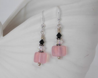 Classic Dangle Earrings with Pink Rectangle Glass Beads, Black and White Crystals and Sterling Silver Bali Spacer Beads