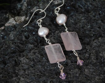 Pretty in Pink Fresh Water Pearls Wire-wrapped Above Faceted Rose Quartz Rectangles Finished Off by a Crystal On Silver French Earwires