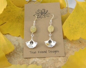 Gingko Fall are Created with Oval Yellow Turquoise Beads Holding Detailed Pewter Gingko Leaf Charms Hanging from SS French Ear Wires