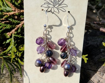 Purple Galore is Created with Cascading Wire Wrapped Czech Glass Beads, Fresh Water Pearls, Crystals on SS Chain and Ear Wires