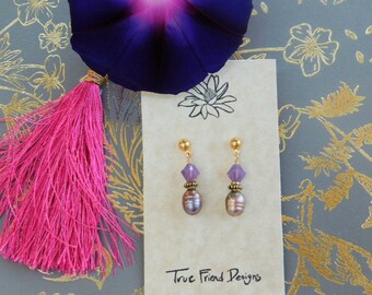 Mauve Gold is Created with Lilac Crystals with Gold Plated Spacer and Rose Gold Fresh Water Pearls on 14kt Gold Filled Posts
