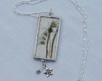 White Squill Soldered Pendant is Created with a Hand Pressed Flower on Cream Paper Moonstone, Flower Charm on 20" Ball Chain