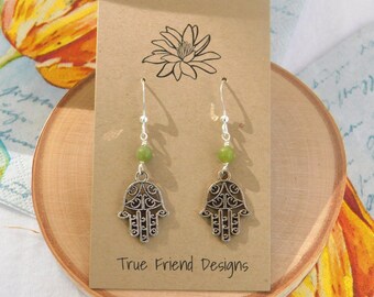 Hamsa Earrings are Created with 4mm Round Jade Gemstone Beads to SP Pewter Hamsa Hand Charms from SS French Ear Wires
