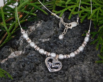 Sterling Mom Illusion Necklace with Freshwater Pearl, Sterling Silver Charm, Bali Spacer Beads, Wire, and Lobster clasp with One Inch Chain.