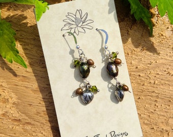 Ivy Climber are Created with Wire Wrapped Crystals, Fresh Water Pearls, Sterling Silver Puffy Leaf Charms on SS French Ear Wires