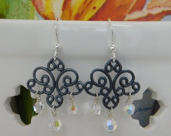 Baroque Chandelier is Created with Gunmetal Plated Pewter Fancy Links with High Quality Clear Crystals Hanging from SS French Ear Wires