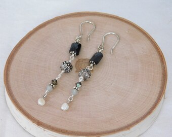 Dangle Wire Wrapped Earrings with Black Glass Beads, Sterling Silver Beads, Crystals with Pearl Drops on Sterling Silver Ear Wires