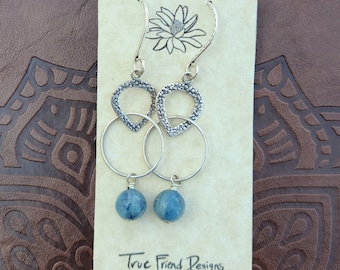 Geometric Dangles are Created with Sterling Silver Teardrops and Hoop Links with a Wire Wrapped Kyanite Dangle on SS French Ear Wires