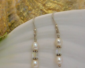 Simply Elegant Earrings are Created with Freshwater Pearls, SS Bali Daisy Beads and Preciosa Square Crystals on SS French Ear Wires