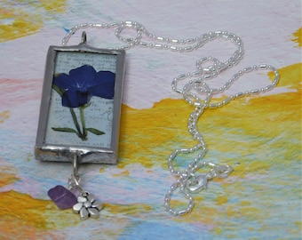 Vinca Vine Soldered Pendant is Created with a Purple Vinca Flower on Decorative Paper, an Amethyst Stone and Flower Charm on a Ball Chain