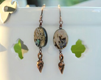 Copper Shimmer is Created with Abalone Oval Beads with Copper Teardrops Hanging on Copper Ear Wires
