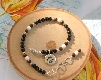 Rescue Bracelet is Created with Tourmaline, Mother of Pearl and Brecciated Jasper Beads, SS Beads, SP Dog Paw Charm, SS Lobster and Chain