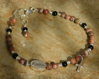 Faith Bracelet is Created with Leopard Skin Jasper, Onyx, Sterling Silver Faith Word Bead, Cross Charm, Spacer Bead, Lobster Clasp and Chain