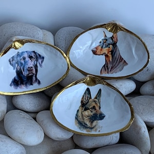 May include: Three white seashells with gold trim, each featuring a different dog breed painted on the inside. The shells are sitting on a bed of white rocks.