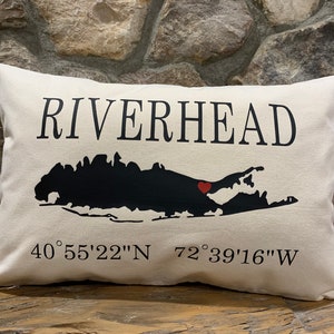 Long Island Custom Any Town Coordinates Pillow Custom 12&quot; x 18&quot; Decorative Lumbar Throw Decor Riverhead Hamptons Port Jefferson Quogue
