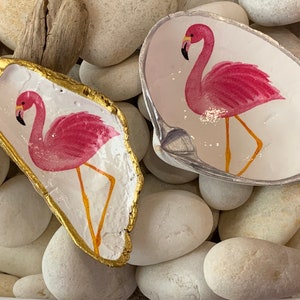 Flamingo, Decoupage Clam Oyster Shell,  Trinket Dish, Jewelry Ring Dish, Nautical Wedding Favor Gifts