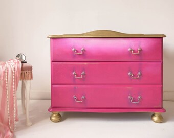 Pink Chest of Drawers-  Ombre Pink Cabinet - Stencil - 3 drawers- Gold Bespoke chest - Bedroom Furniture - Bespoke- Dresser - Wood -Vintage