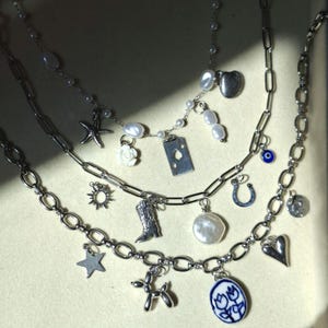 Build your own silver charm necklace, Carabiner Personalised Summer Necklace, Birthday Gift for Her, Vintage Y2k, Interchangeable charms