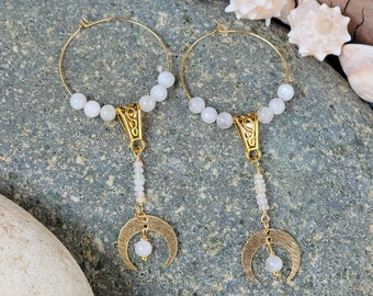 Moonstone and Opal Hoop Earrings