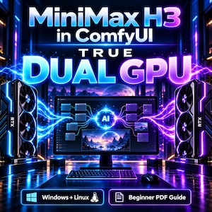 May include: A computer setup featuring two RTX graphics cards flanking a monitor displaying a ComfyUI interface with AI nodes. Text reads MiniMax H3 in ComfyUI TRUE DUAL GPU, Windows + Linux, and Beginner PDF Guide in a neon-lit digital environment.