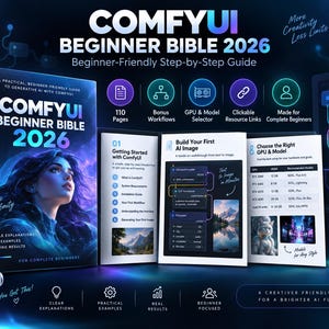 以下が含まれることがあります： ComfyUI Beginner Bible 2026というタイトルのデジタルガイド。女性の顔が描かれたダークブルーの表紙、110ページ、ボーナスワークフロー、GPUセレクターが特徴。ステップバイステップの指示、リソースリンク、視覚的な例が含まれています。