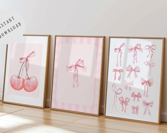 Ensemble d'art mural Coquette : impressions aquarelle cerise noeud rose (téléchargement numérique)