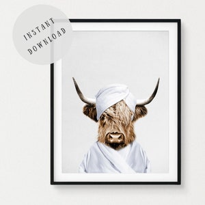 Highland cow bathroom print cow bath towel cow spa bathrobe cow shower bathroom wall art funny bathroom cow animal wall art printable decor
