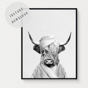 Highland cow bathroom print cow towel on head cow spa bath bathrobe cow shower bathroom wall art funny cow black white bathroom animal decor