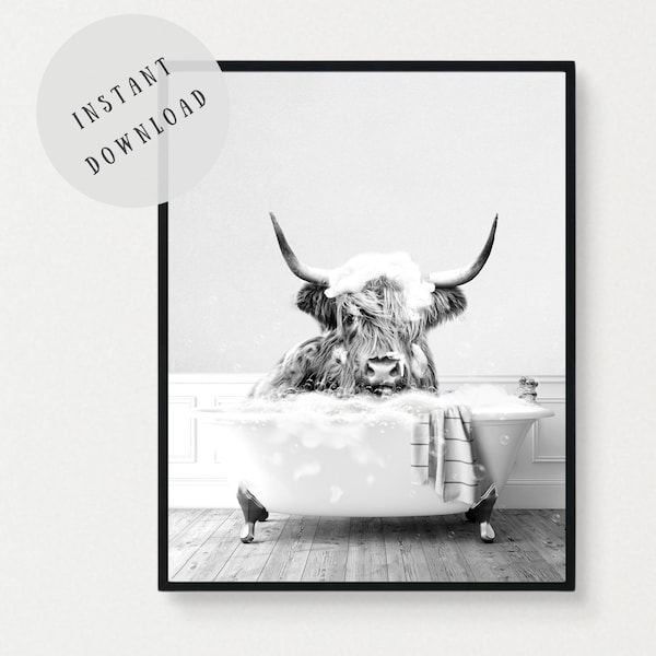 Highland cow in bathtub funny cow in tub bathroom print cow wall décor  black and white cow animal bathroom wall art cow toilet picture