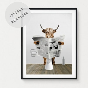 HIGHLAND COW DIGITAL DOWNLOAD PRINT!
Scottish highland cow bathroom print, funny cow in toilet reading newspaper bathroom art decor. Add a little touch of whimsy, fun and humour to your bathroom decor with this printable animal bathroom humour print.