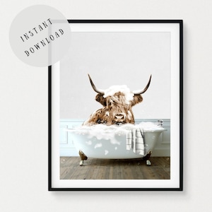 Highland cow in bathtub bathroom print cow bath cow in tub funny wall art bathroom cow print décor animal bath art printable cow picture