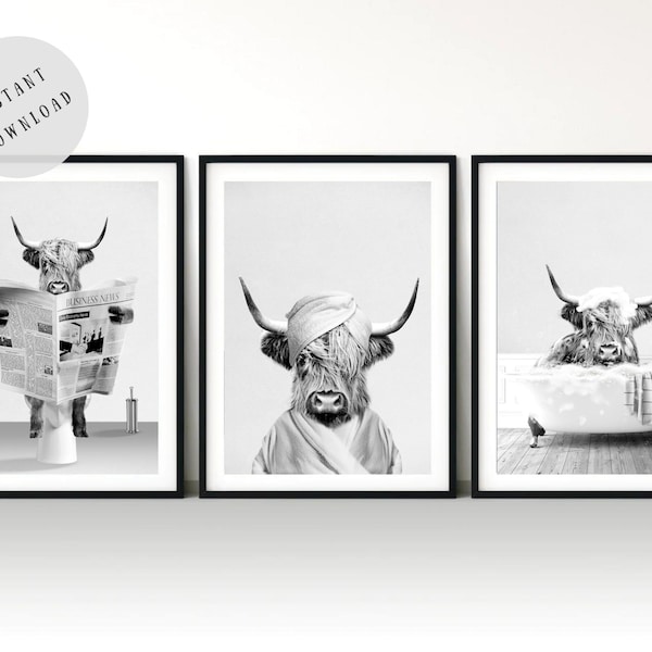 Set of 3 Scottish Highland Cow Print | Funny Bathroom Print | Black and White Whimsy Animal Wall Art | Kids Bathroom Art | Bathroom Humor