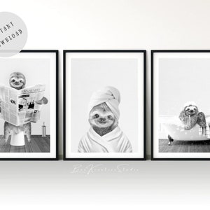 Juego de 3 impresiones artísticas de perezoso para baño, arte de pared para perezoso en el inodoro, perezoso para baño, lectura, spa, baño, animal, perezoso en blanco y negro, arte decorativo imprimible para niños