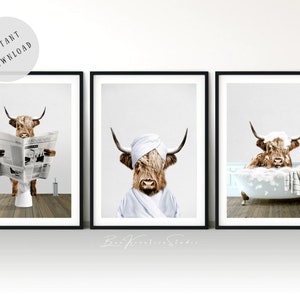 Set of 3 Scottish Highland Cow Print | Funny Bathroom Print | Whimsy Animal Wall Art | Kids Bathroom Art | Bathroom Humor