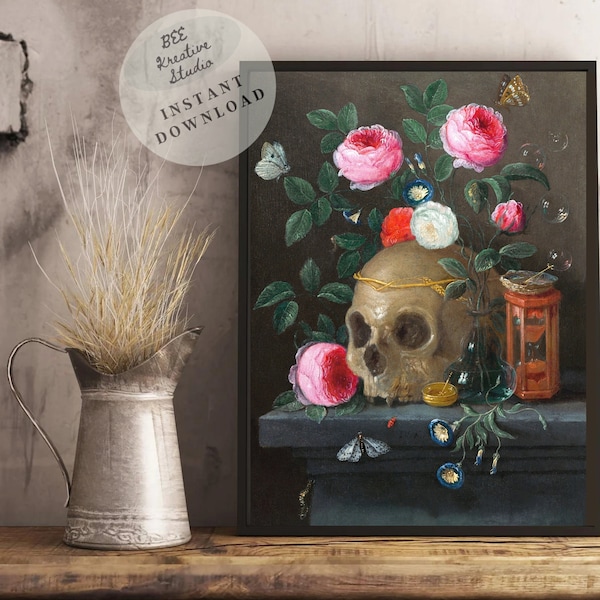 Gothic Skull Art Print | Skull and Roses Halloween Decoration | Vanitas Still Life Vintage Skull Oil Painting | Jan van Kes (1665-1670)