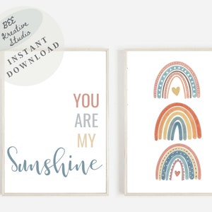 You Are My Sunshine - Set of 2 Sun Rainbow Cloud Prints - Nursery Wall Art - Kids Room Wall Decor - Pastel Watercolour - Boho Rainbow Print