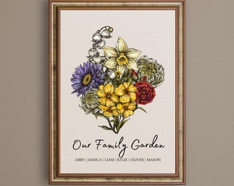 Bouquet de fleurs personnalisé pour le mois de naissance, art mural, impression de fleurs de naissance de famille, grand-mère, jardin, fête des mères, Noël, anniversaire, oeuvre d'art personnalisée