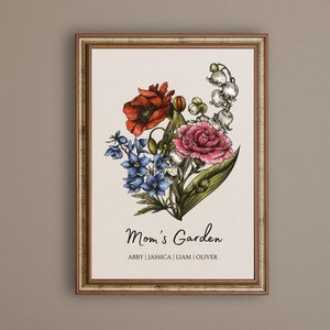 Personalized Birth Month Flower Bouquet Mom&#39;s Garden Print Family Birth Flower Grandma Mothers Day Gift Christmas Birthday Custom Wall Art