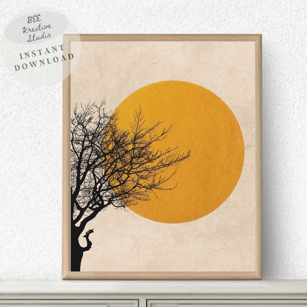 Flock Of Birds Sun Tree Silhouette Print Yellow Sun Minimalist Abstract Mid Century Modern Birds Sun Tree Sunset Silhouette Nature Wall Art