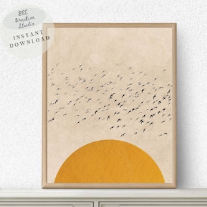 Vogelschwarm Sun Silhouette Print Mid Century Modern Gelb Sonnen Vogel Abstrakt Natur Sonnenuntergang Boho Sonne Vogel Silhouette Minimalist Wandposter