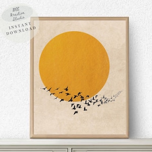 Bandada de pájaros sol silueta impresión mediados de siglo moderno amarillo sol pájaro puesta de sol silueta Boho sol pájaro minimalista naturaleza abstracta arte de la pared