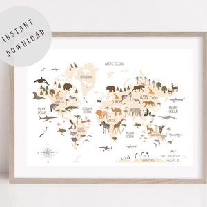 Kinder Tiere Weltkarte Kunstdruck, Lernposter, Kinderzimmer Karte Dekor, Weltkarte druckbar, Kinder Spielzimmer Dekor, Digital