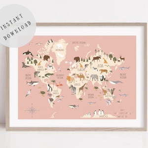 Die Weltkarte der Tiere als Poster, Lernposter für Kinder, Kinderzimmer, Wandbild, Kinderposter zum Selbstdrucken für das Kinderzimmer