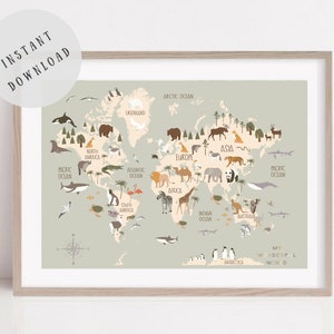 Kid Animal World Map Art Print Educational Poster Nursery World Map Kid Bedroom Décor Map of The World Printable Kid Play Room Décor