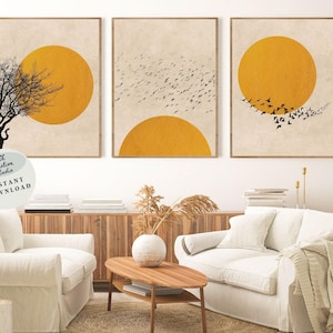 Bandada de pájaros silueta del árbol del sol conjunto de 3 silueta abstracta del sol amarillo moderno atardecer de mediados de siglo Boho sol árbol pájaro silueta arte de la pared