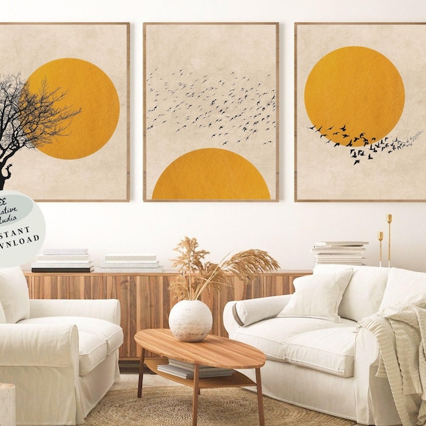 Volée d'oiseaux silhouette d'arbre soleil lot de 3 silhouette soleil jaune abstrait moderne milieu du siècle coucher de soleil Boho soleil arbre silhouette oiseau art mural