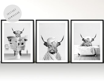 Set of 3 Scottish Highland Cow Print | Funny Bathroom Print | Black and White Whimsy Animal Wall Art | Kids Bathroom Art | Bathroom Humor