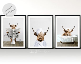 Set of 3 Scottish Highland Cow Print | Funny Bathroom Print | Whimsy Animal Wall Art | Kids Bathroom Art | Bathroom Humor