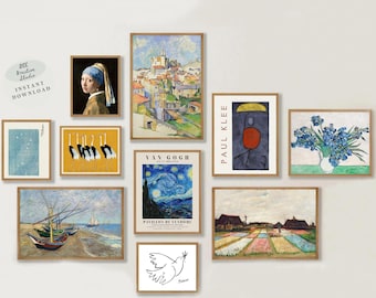 May include: A gallery wall featuring nine framed prints of famous paintings. The prints include works by Van Gogh, Paul Klee, and others. The prints are arranged in a grid pattern on a white wall.