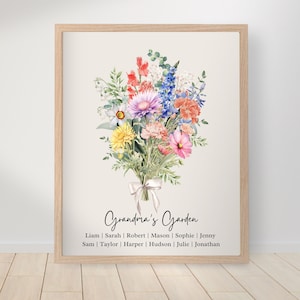 May include: A watercolor illustration of a bouquet of flowers in a vase with the text "Grandma's Garden" and a list of names below. The flowers are in shades of pink, yellow, blue, and red.